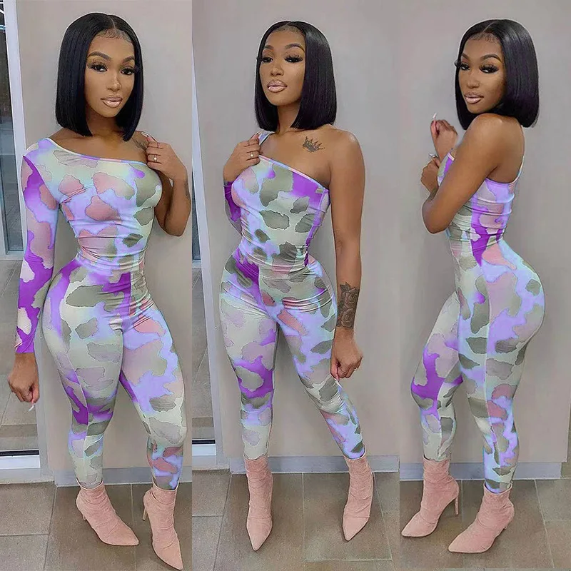 

Summer One Shoulder Map Print Slash Collar Sexy Skinny Women Bodysuits Jumpsuits