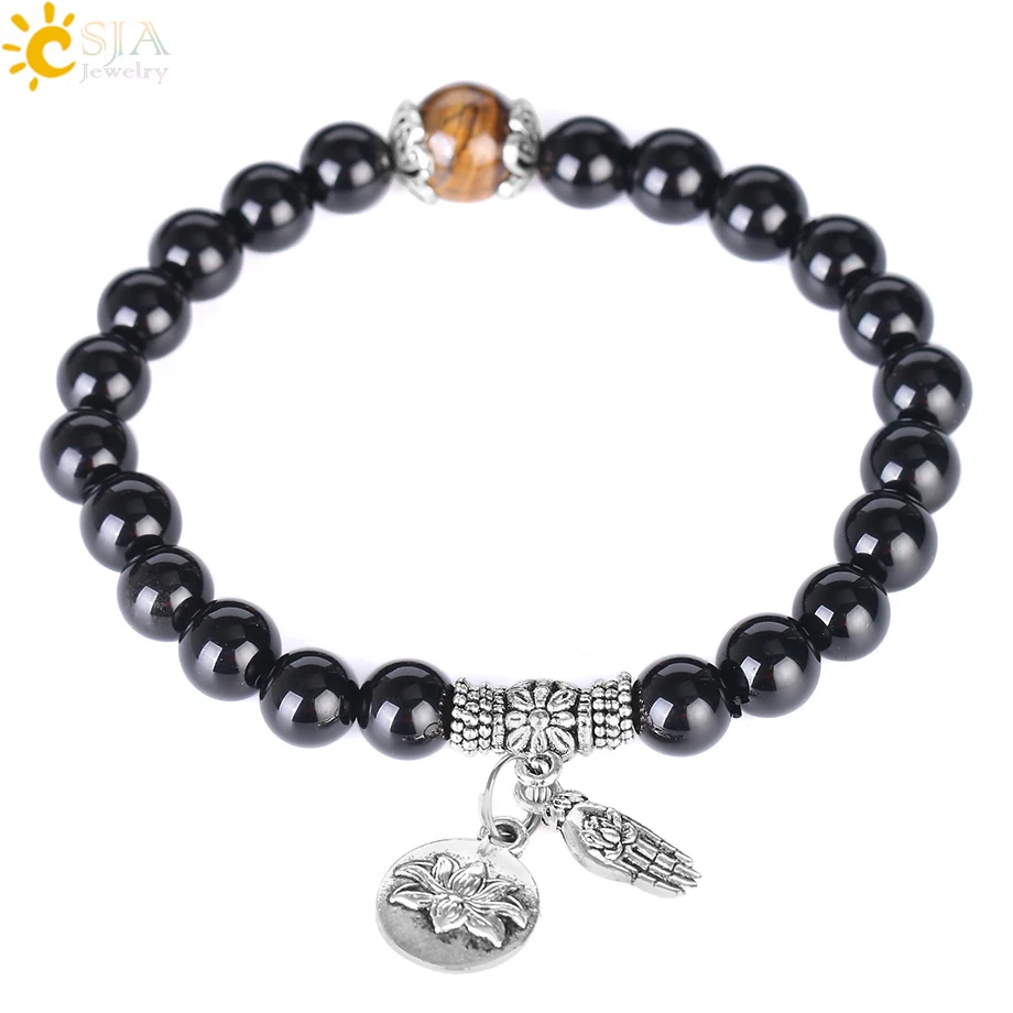 

CSJA hot selling gem stone obsidian beaded bracelet tiger eye big beads black elastic buddha bangle bracelet F387