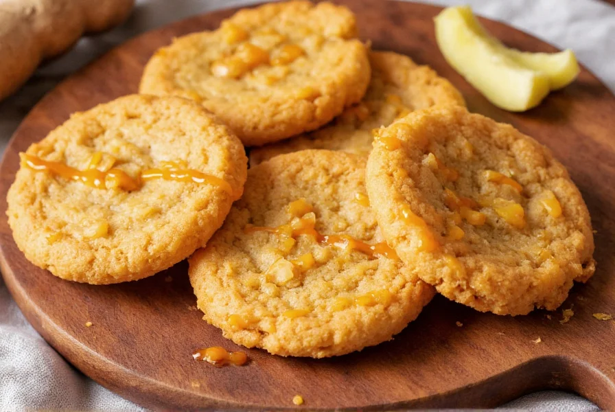 Close-up photograph of Trader Joe's ginger snaps arranged on a rustic wooden board with molasses drizzle and fresh ginger root