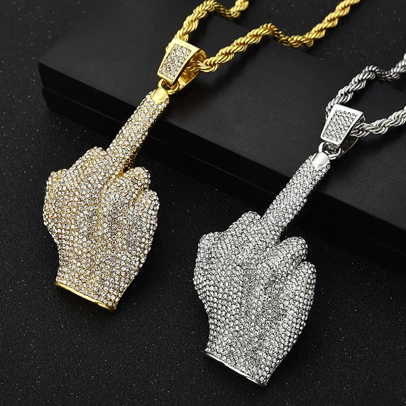 

Hiphop Iced Out Vertical Middle Finger Pendant Necklace Fully Cz Diamond Finger Necklace Mens Jewelry