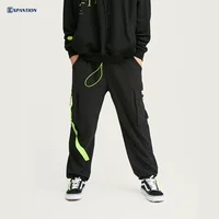 

EXP Fashion Brand New Design Men Hip Hop Loose Joggers Men Black Pants Streetwear with Fluorescent Green Tape