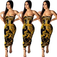 

2019 European and American cross-border women's clothing wrapped chest strapless gold chain dress Dresses "women lady elegant