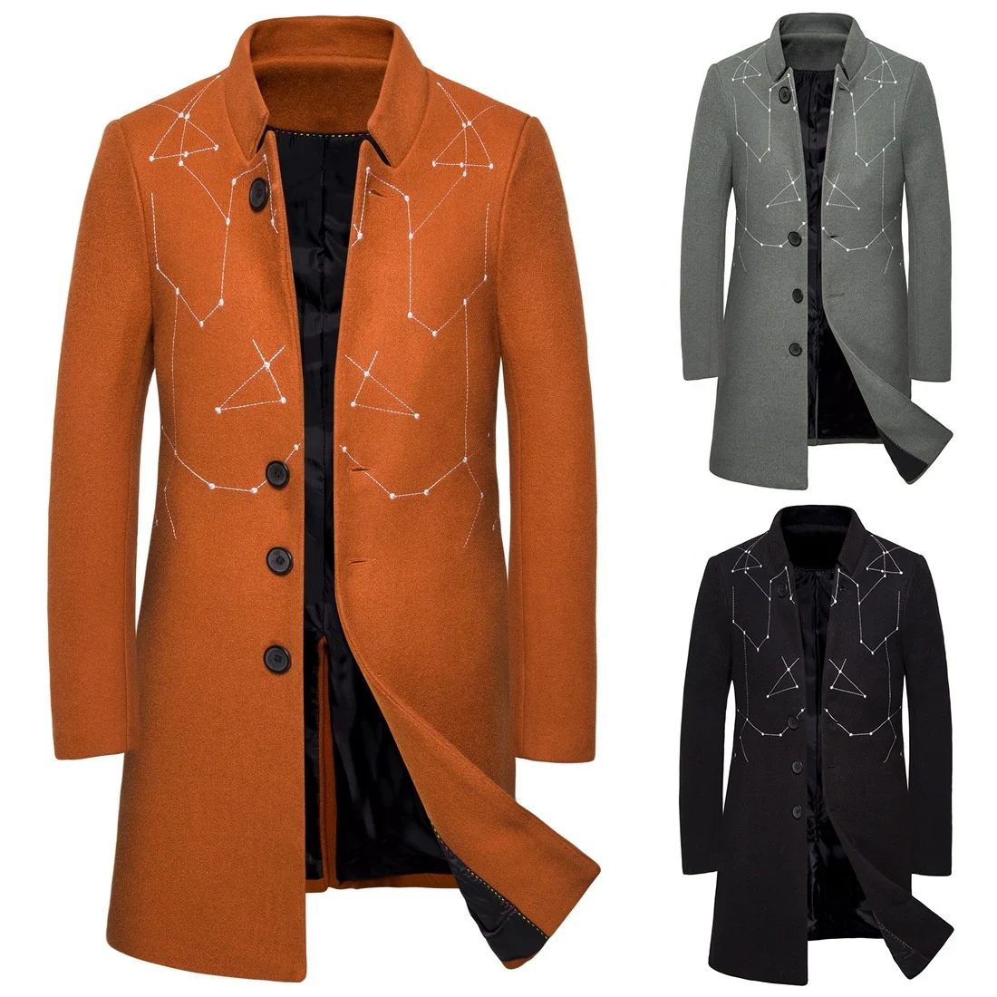 

Autumn new embroidered solid color men's medium long casual woolen overcoat with best price and good quality