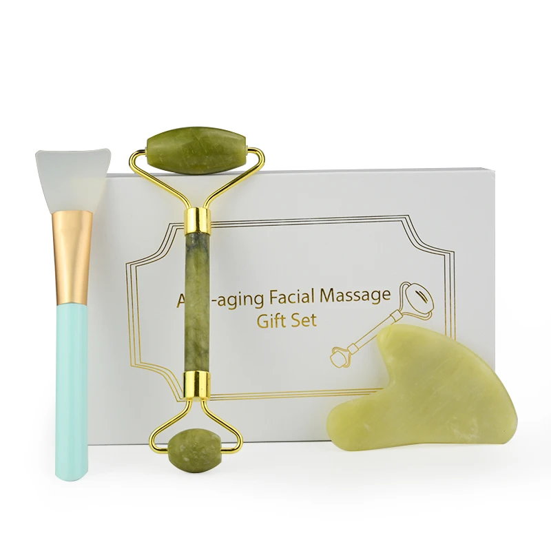 

3 in 1 Xiuyan jade roller gua sha Mask brush set face massager xiuyan jade roller, Customized