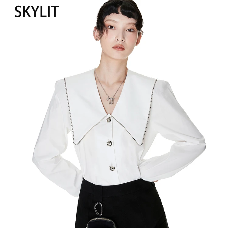 

SKYLIT alloyed button autumn bubble sleeve tip collar Boyfriend Crop Style Shirt Shirts Womens Tops And Blouses, Customized color