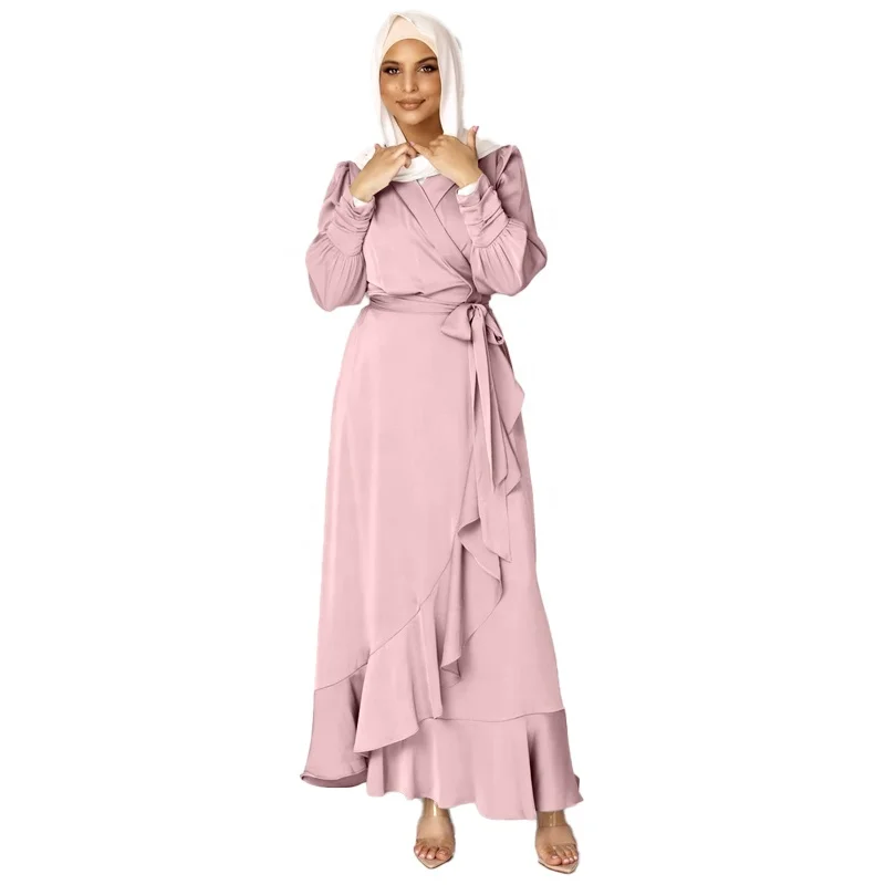 

MANNI Eid Satin Hijab Dress Abaya for Women Wrap Front Irregular Ruffle Belted Islam Dubai Turkey Clothes