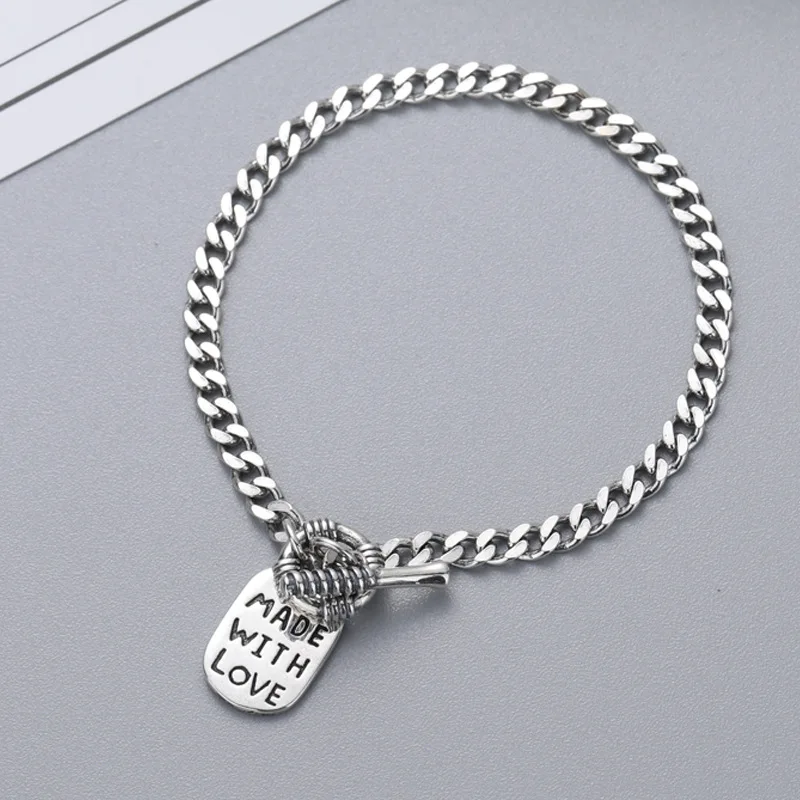 

HONGTONG Custom Bangle 925 Sterling Silver Thai Silver Oval Letter Thread OT Buckle Braided Couple Bracelets Chain Link Bracelet