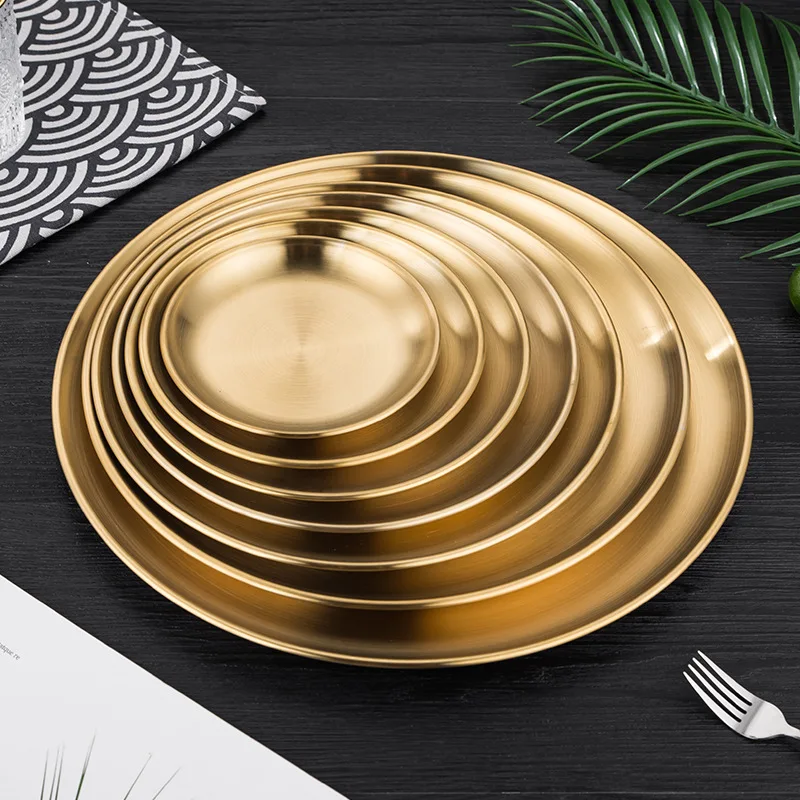 

Korean stainless steel golden disc Nordic cafe tray fruit cake dessert plate bone dish barbecue shallow plate, Silver,gold