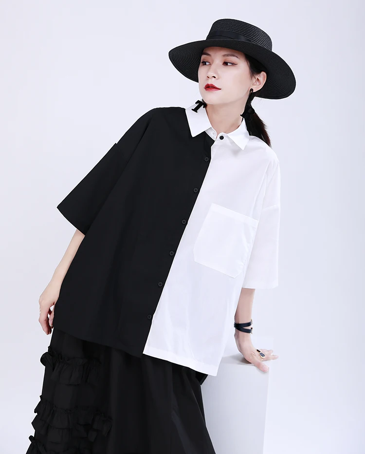 

2021 summer new Yamamoto dark wind short-sleeved loose shirt female design sense black and white contrast shirt ladies blouses, Black and white patchwork