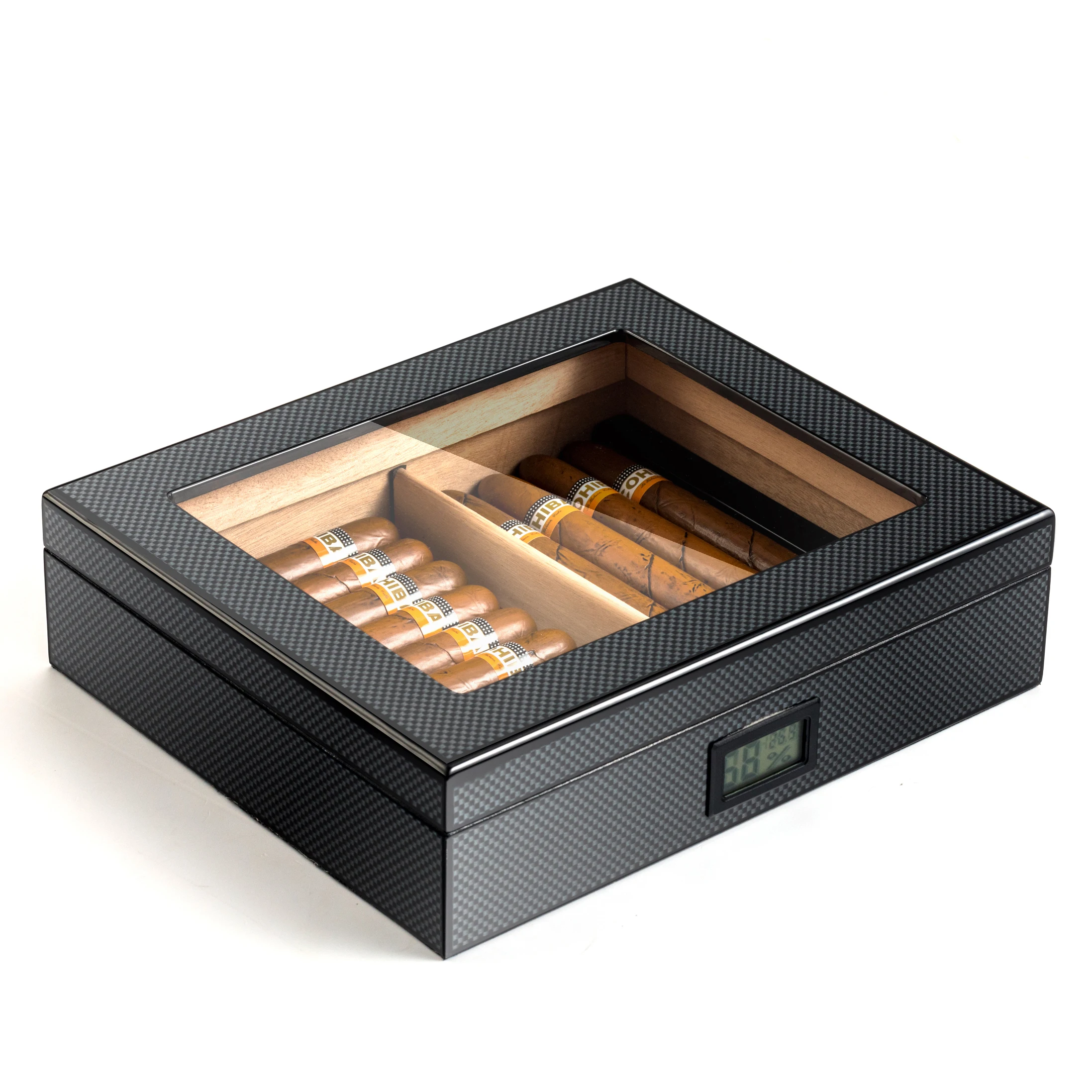 

Factory OEM Black Cedar electric Humidor Custom Logo Wood Unique Cigar Box With Window Digital Hygrometer Box For storage Cigar