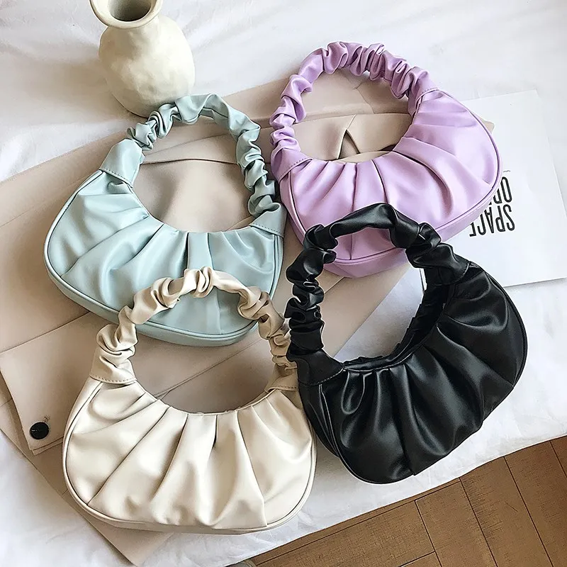 

2020 Designer PU Leather Wrinkled Retro Women Pleated Cloud Bag Handle Armpit Bag Solid Tote Ruched Wild Female Purse Handbags, Customizable