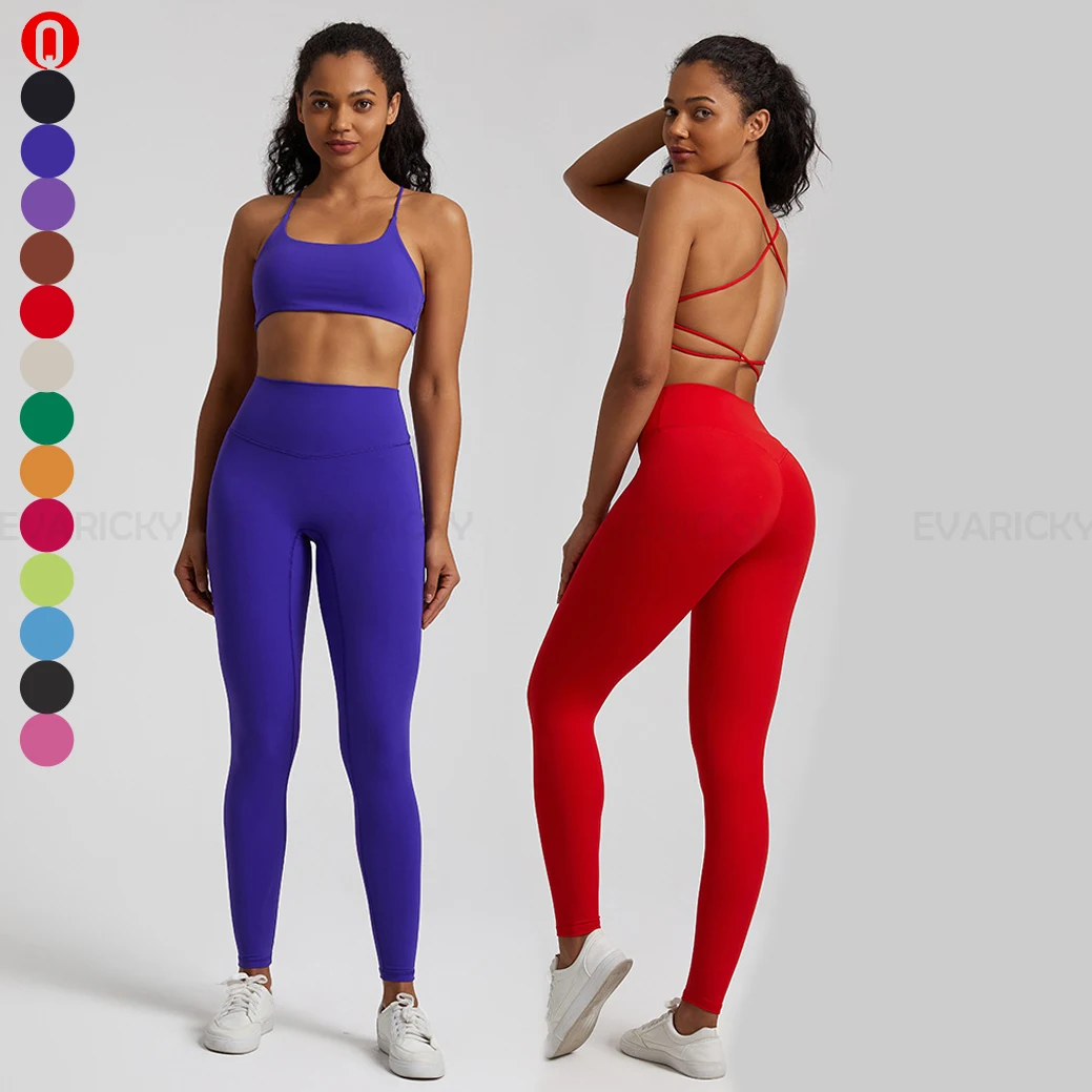 

2023 Womans Clothing 2 Piece High Quality No Camel Toe Leggings High Impact Cross Back Sports Bra Activewear Women Two Piece Set