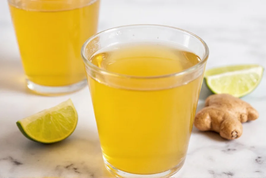Fresh ginger root with peeled slices, boiling water in glass pot, and finished tea in ceramic mug with lemon slice