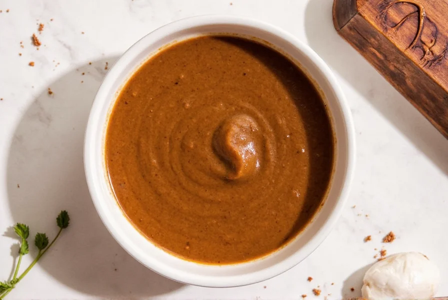 Mexican Brown Sauce being drizzled over a plate of breakfast tacos with eggs and avocado