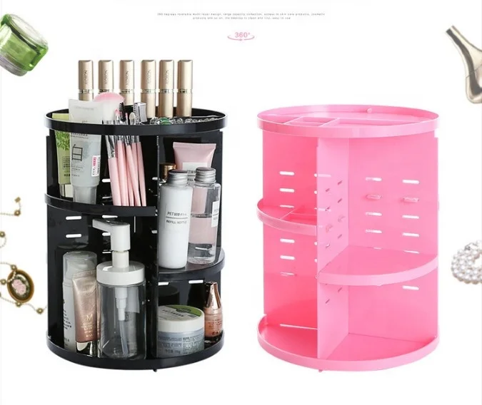 

2021 New Design 360 Degree Rotating Home Customized Organizer Makeup Storage Box, White/black/pink