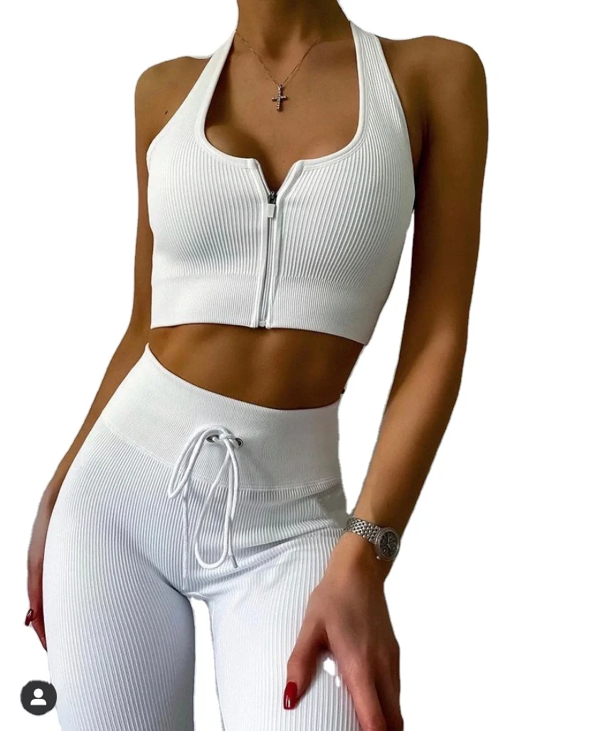 

high quality ribbed knitted workout clothing yoga bra with Leggings yoga active wear zip up Bra yoga sets, 5 color
