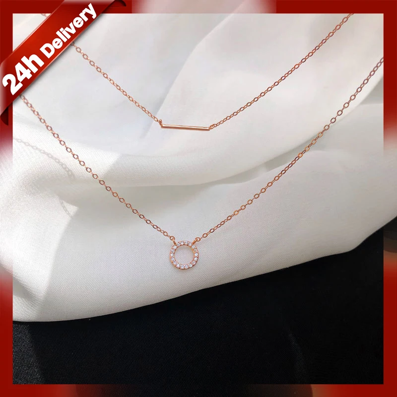 

Dylam Wholesale Double Layer Choker Chain Necklaces Sterling Silver 925 Cubic Zircon Rose Gold Circle Round Pendant Necklace