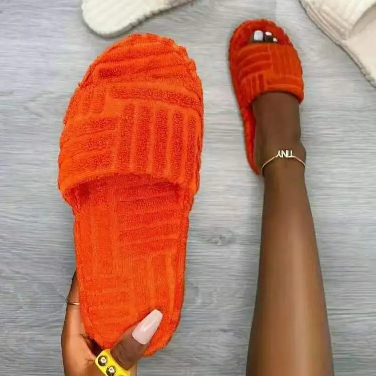 

2021 Autumn New Arrivals Indoor Womens Platform Cotton Orange Suede Slides Towel Slippers Shoes, 2 colors