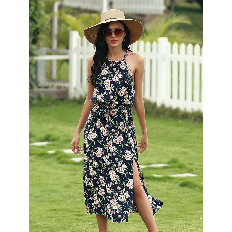 

Summer Vintage Floral Printed Halter Split Maxi Dress Beach Elegant Casual Women Evening Girl Dresses