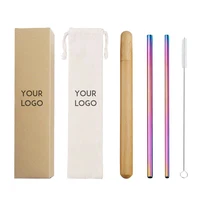 

FDA Eco-Friendly 18/8 Metal Stainless Steel Straws set Reusable Drinking Straw with brush and Linen pouch Bamboo Wooden case