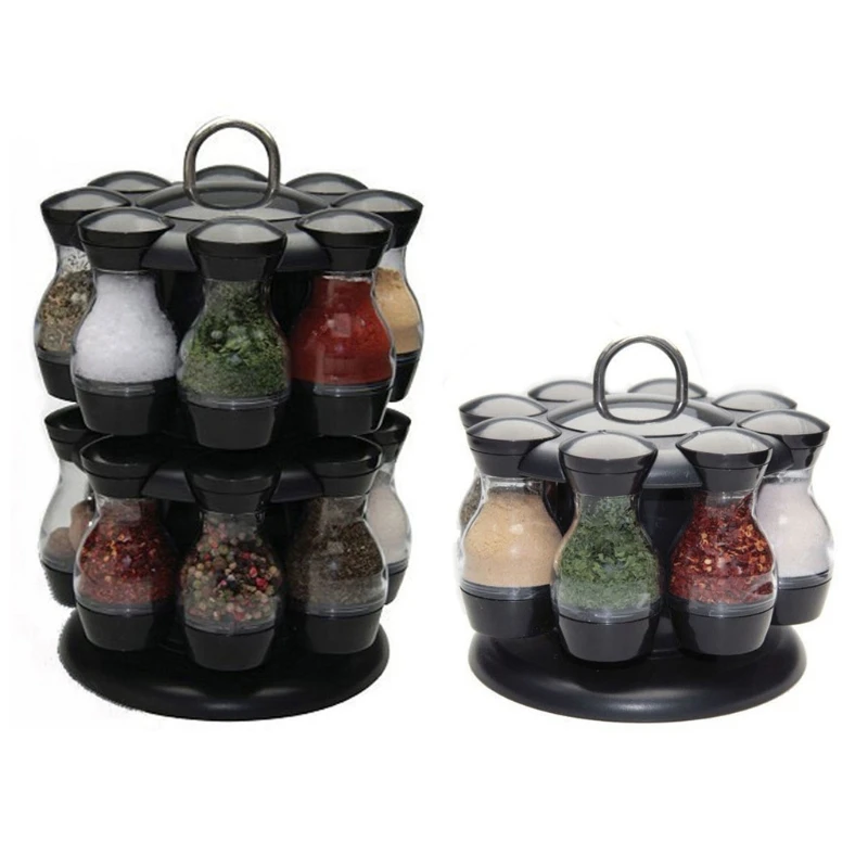 

16pcs Spice Jars Set with Round Rotatable Storage Rack Cruet Condiment Salt Pepper Seasoning Cooking Bottle Seasoning Salt Jars, Black