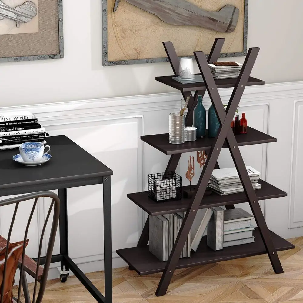 
4 Tier Bookshelf Storage Shelves Bookcase Ladder Shelf Home Office X-Shape Potted Plant or Flower Rack Display Shelves 