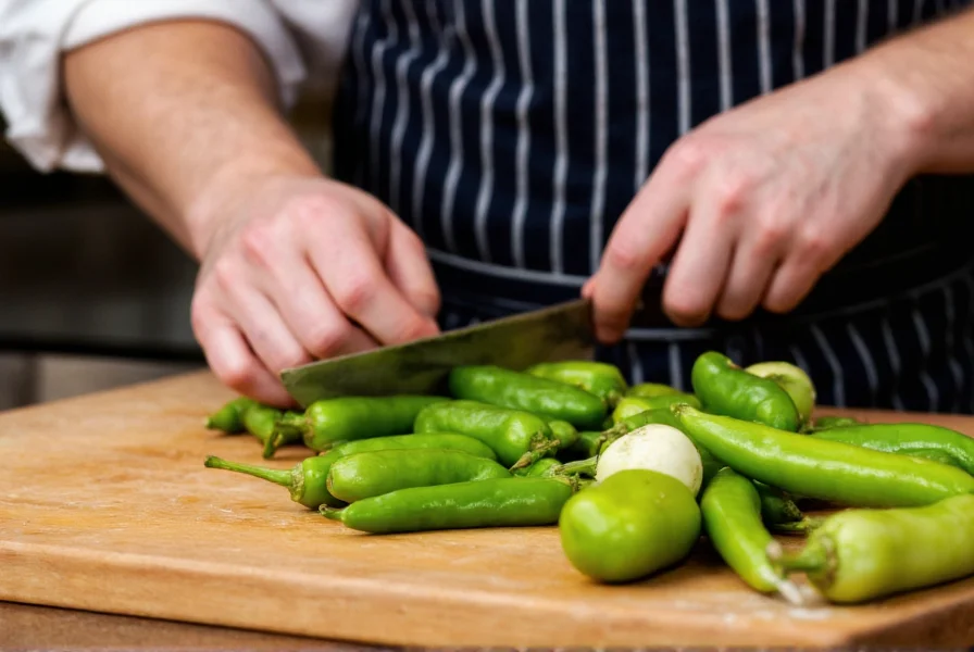 Chef's hands preparing fresh green chilli peppers on cutting board with knife and ingredients