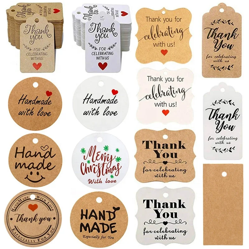 

Stock 100PCS Kraft Paper Card Colored Printing Thank You Tag with Hemp Rope Wedding Gift Decoration
