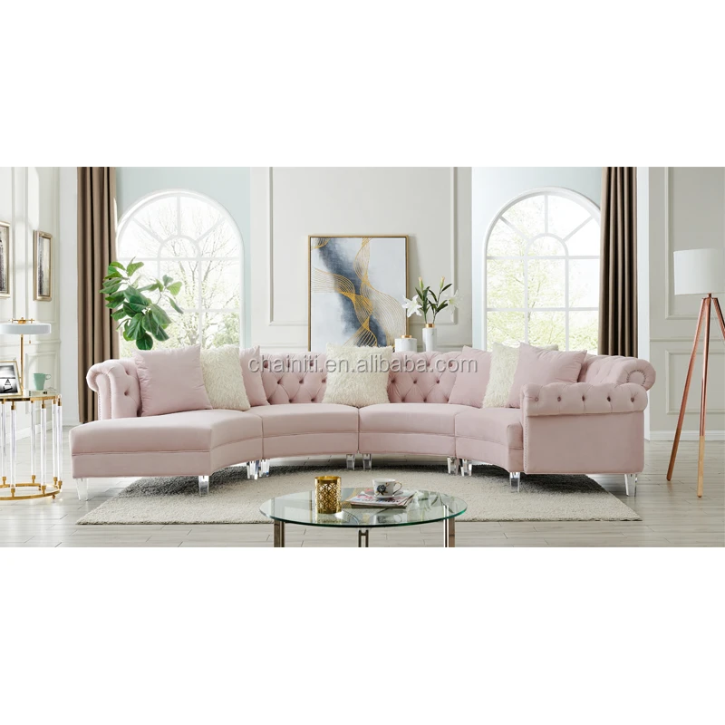 
New design Living Room Home Furniture Modern Arc Pink Velvet Upholstery Fabric Sofa 
