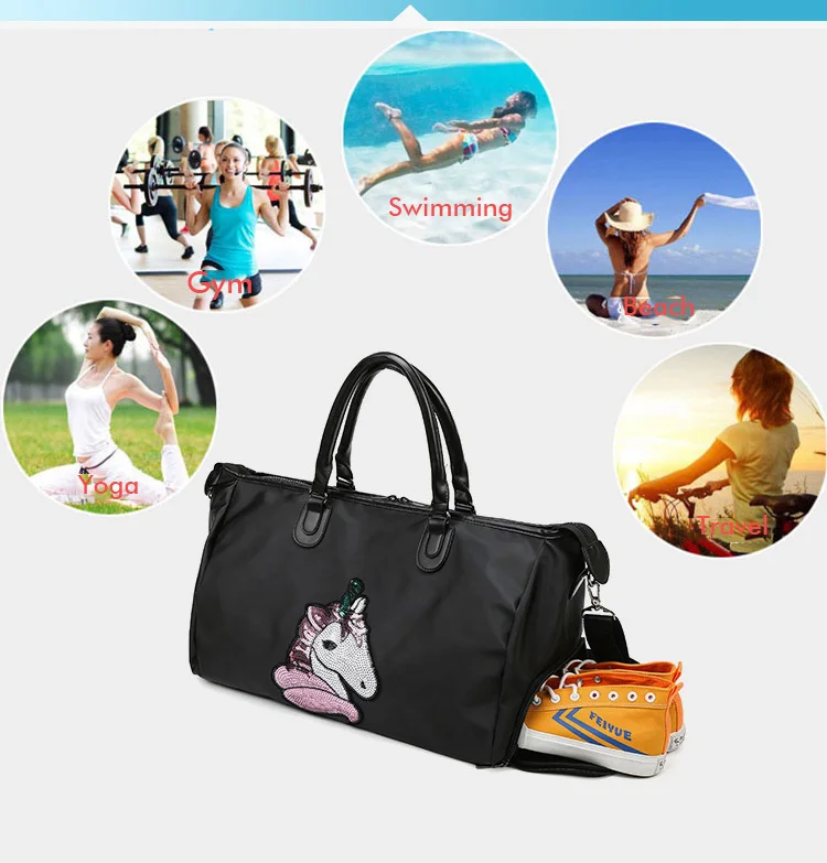 

Fashion Designer Unicorn Pattern Travelling Duffel Tote Bag Trendy Ladies Gym Sports Bag Overnight weekender bag, Black