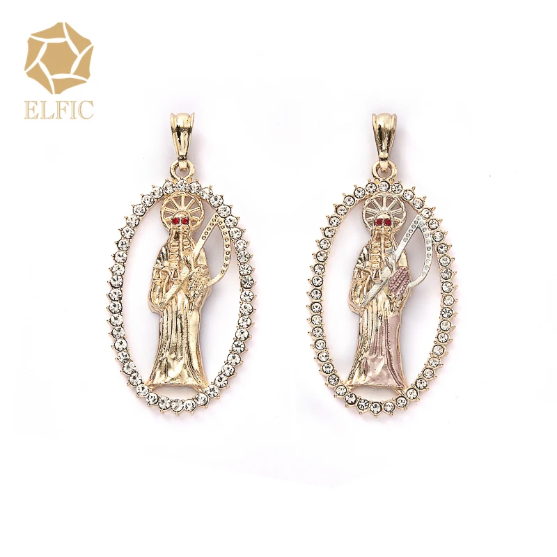 

Elfic Fashion Religious Jewelry Gold Plated 18k Santa Muerte Pendants & Charms Necklace Gold Chain CZ Diamond Round Shape