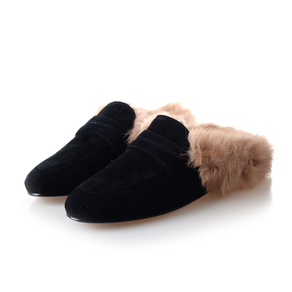 
Closed Toe Mules Shoes Women 2020 Slippers Fur Mules Leather Winter Backless Loafers Ladies Low Heel Mules 