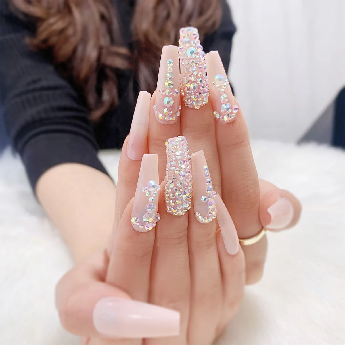 

Rainbow Gold Leaf Colorful Ballet Diamond Wearing Patch Removable Nail Finished Fake Nails