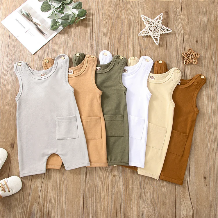 

Private Label Infant Toddler Boys Girls Clothes Romper Solid Color Cotton Pocket Unisex Baby Jumpsuit, Photo showed and customized color