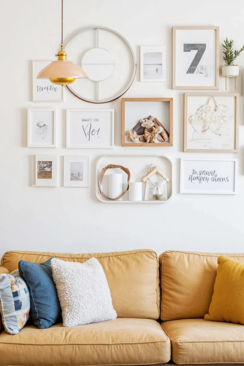 Family-friendly living room wall decor with photos and shelves