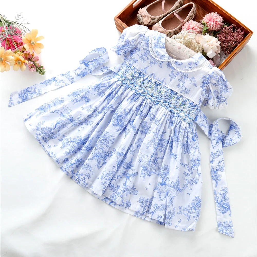 

summer kids clothing hand made smocked toddler baby girls dresses blue cotton flower children's clothes H032063