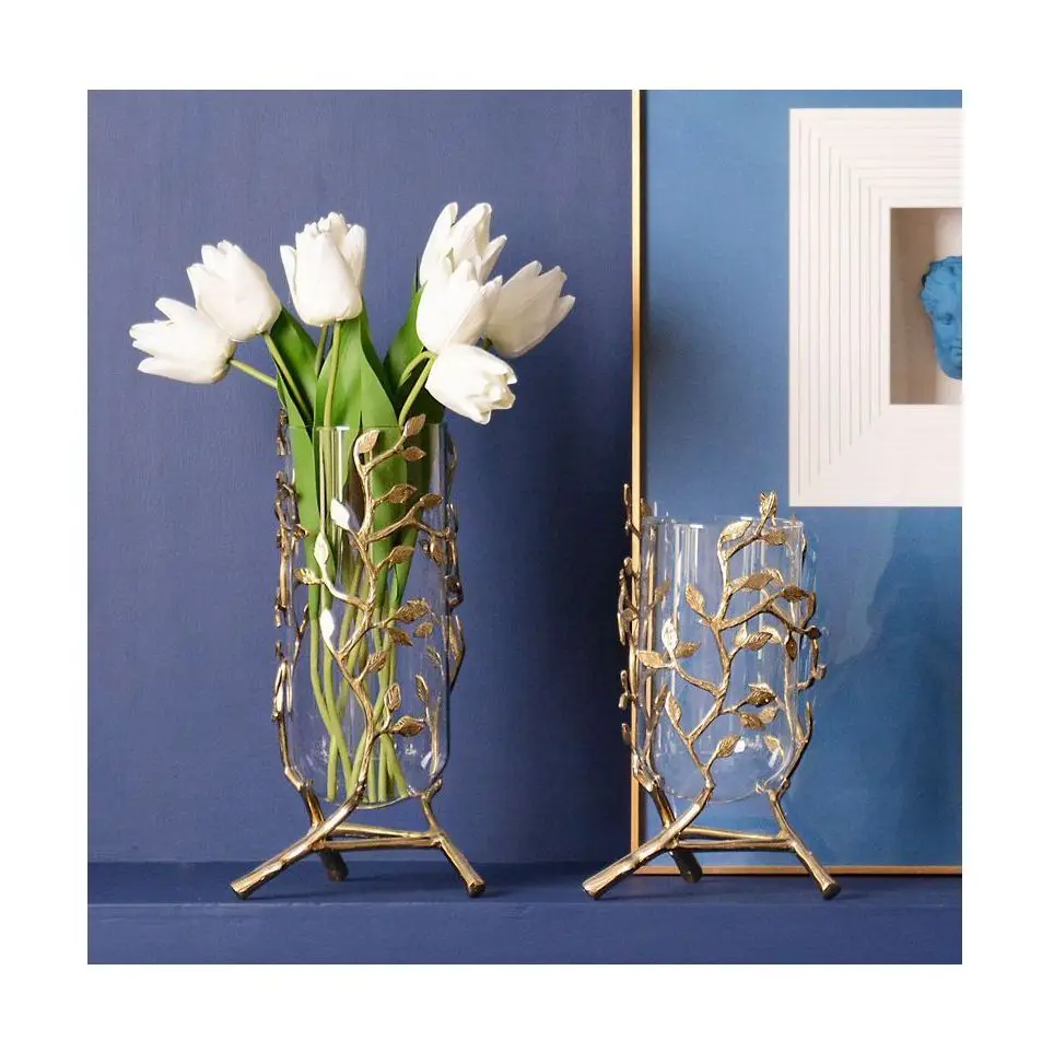 

Modern simple creative table top vase golden branch vase Nordic table brass glass vase for home table wedding decoration