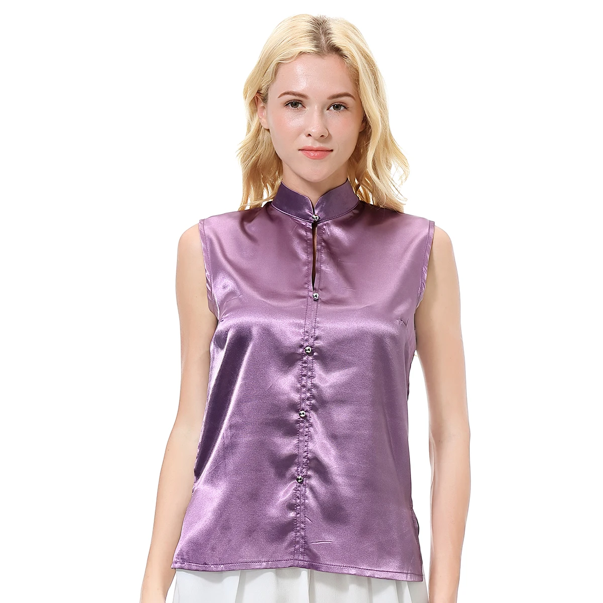 

Fashion Lady Simulation Silk Snow Yarn Sleeveless Collared Women Imitated Silk Fabric Blouse Satin Shirt