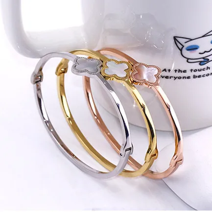 

wholesale custom 316L stainless steel fashion jewelry four leaf clover cuff bracelet bangle for women, All common color are available