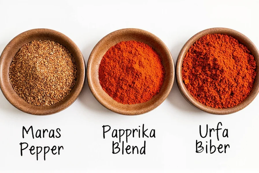 Close-up comparison of Aleppo pepper alternatives: Maras pepper, paprika blend, and Urfa biber in small bowls