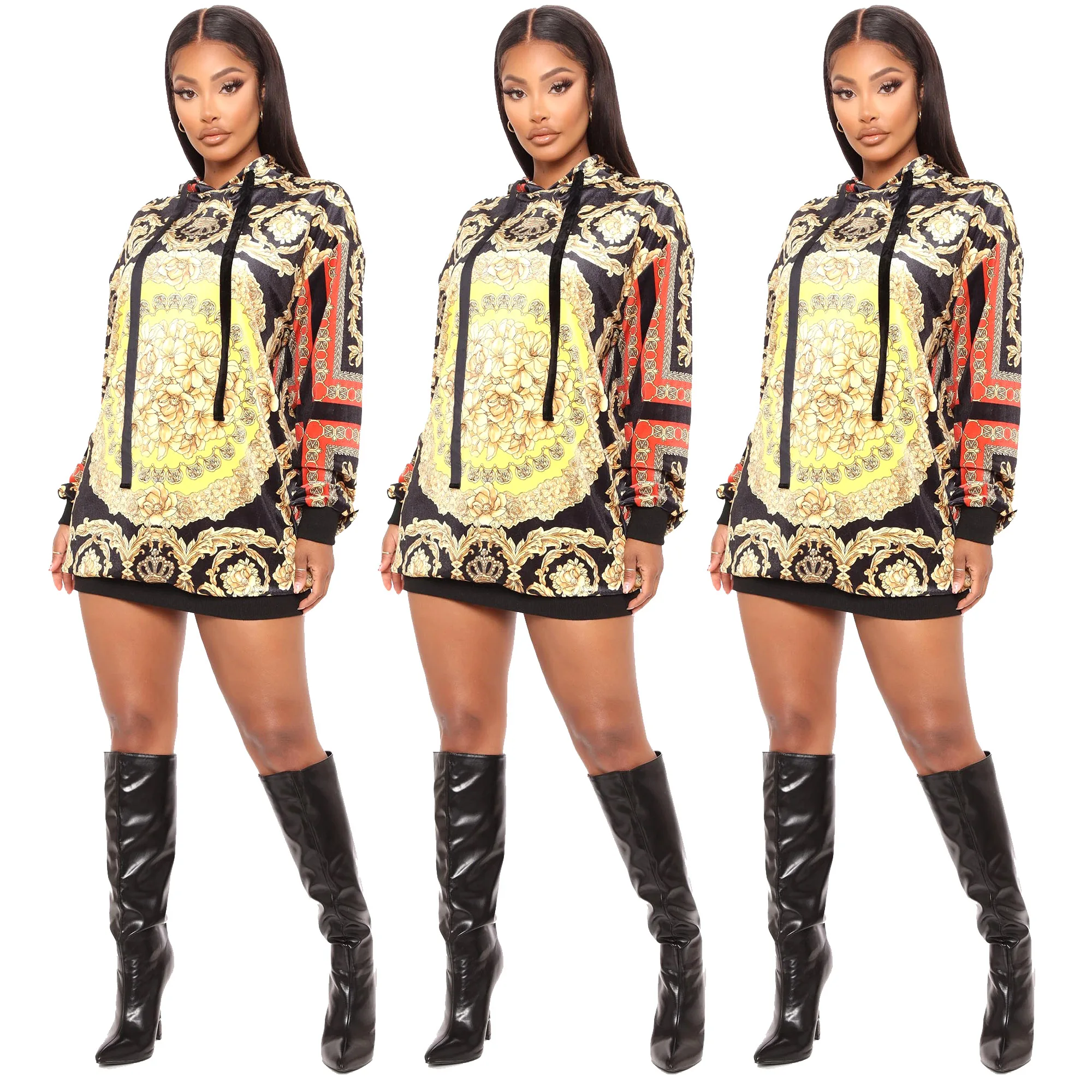 

Foma clothing SMR9882 hot selling fashion printed women's sexy hoodie woman casual dresses, As pictures