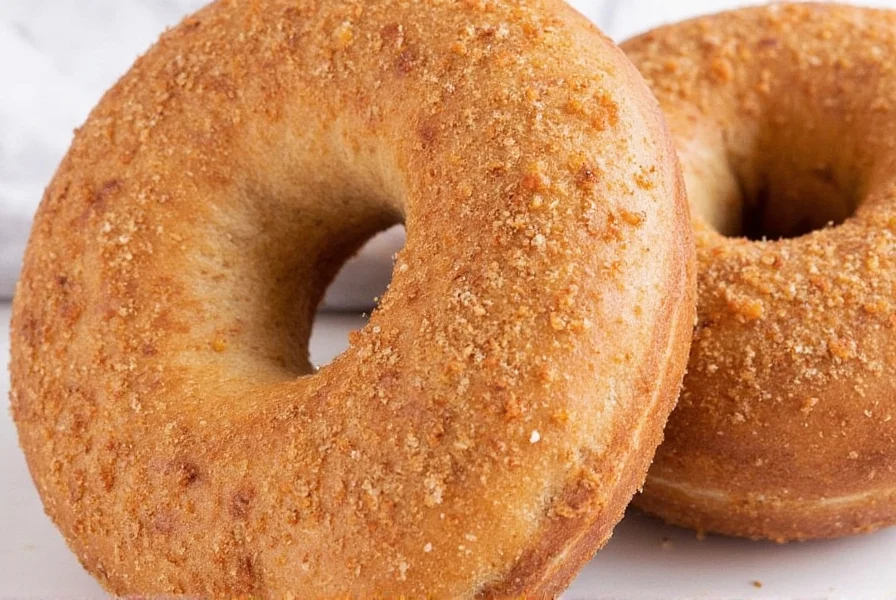 Close-up photograph of a golden-brown cinnamon sugar bagel with visible sugar crystals and cinnamon specks on a wooden cutting board