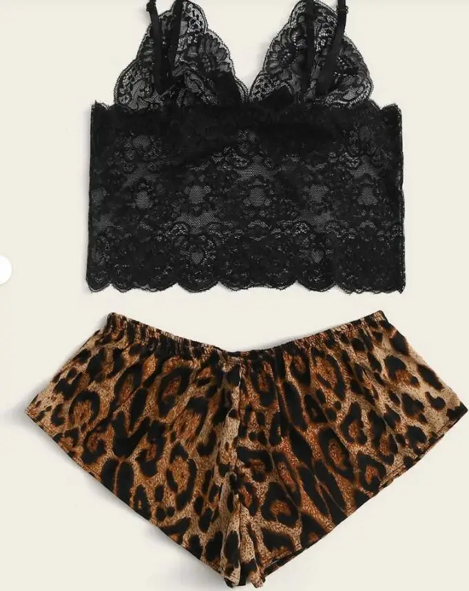 

Womens sexy lace suspender wrap chest leopard print shorts two piece lingerie set women sexy lingerie underwear, Picture shows
