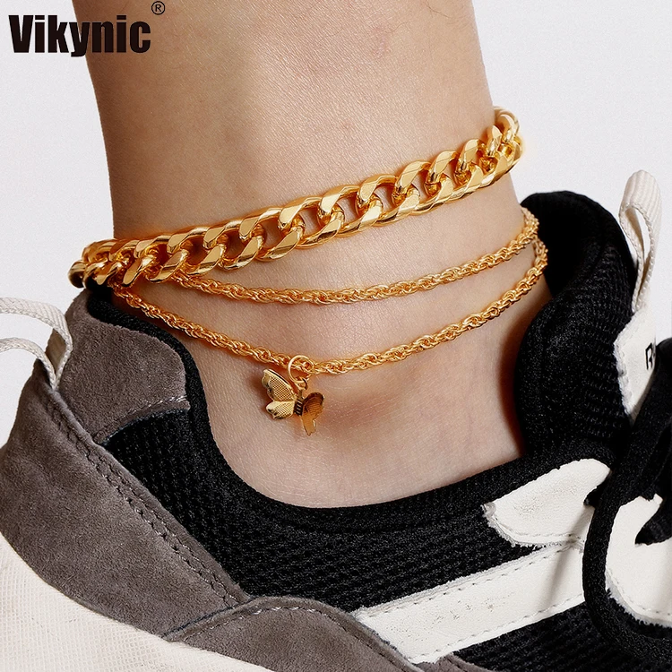 

3pcs/Set Gold Plated stainless steel Thick Twist Cuban Anklet Foot Jewelry Multi-Layers Butterfly Cuban Link Anklet, Gold sliver