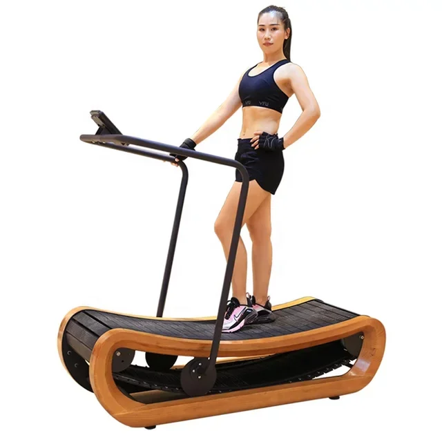 

Skyboard Indoor motorless fitnees foldable Running Wood and Steel curved Treadmill, Wood color