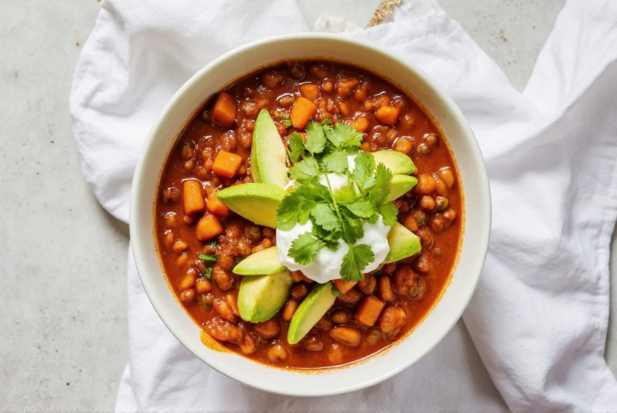 Colorful bowl of sweet potato chili topped with avocado slices, cilantro, and a dollop of Greek yogurt