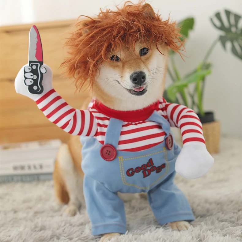 

Pet Dog Clothing Chucky Perro Holding A Knife Halloween Costume Novelty Funny Pet Cat Party Cosplay Lovely Apparel Clothing