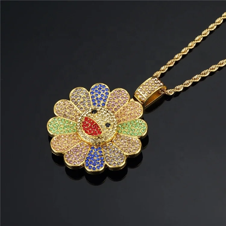 

New Diamond Rotated Smile Rainbow Rotatable Sunflower Gold Plated Hiphop Pendant Necklace for Men