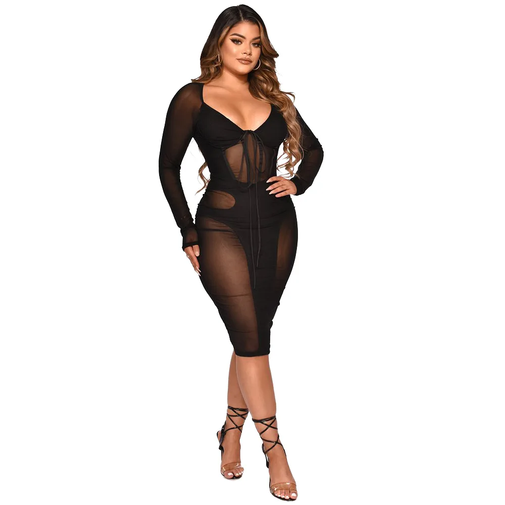 

2022 spring women dress contrast panel mesh dress long sleeve mini women sexy plus size dresses