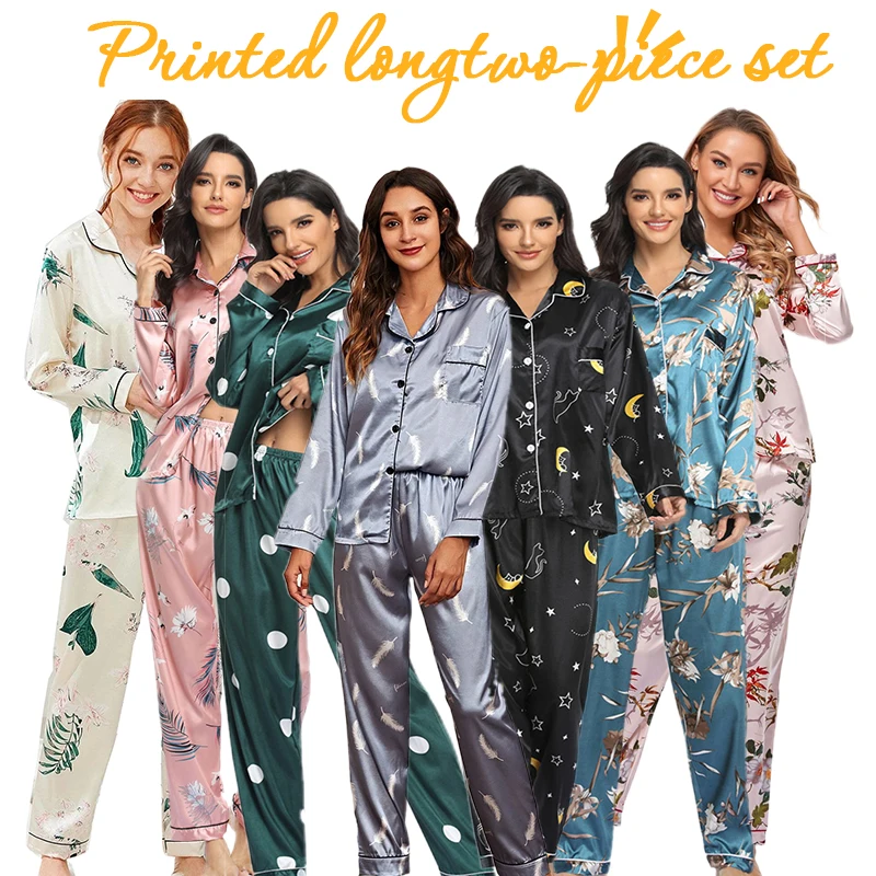 

Custom long sleeve sleepwear print 2 piece satin silk pijama women pajamas short set